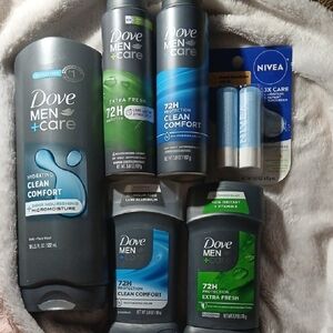 DOVE MEN +CARE (1) BODY WASH, DEORDORANT (2) SPRAY (2) BAR, NIVEA LIP BALM